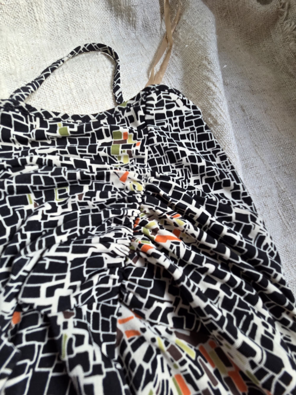 BCBGMaxAzria Black and White Geometric Midi Dress with Orange and Green Accents